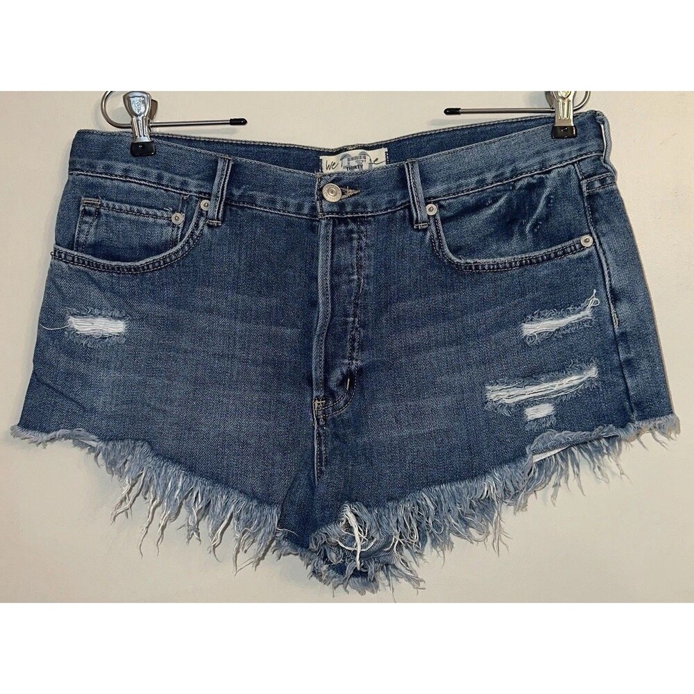 Free People Blue Cut Off Distressed Jean Mid Rise Denim Shorts Boho Festival 30